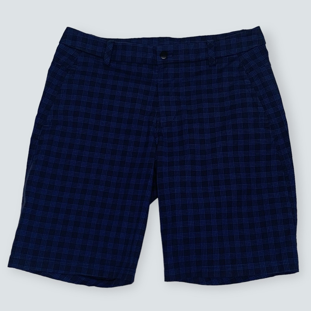 Lululemon Commission Blue/Black Checkered Flat Front Chino Shorts Size 36 in EUC